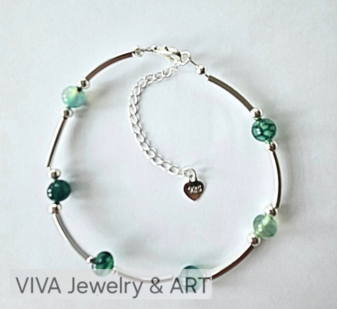 BRANSOLETKA ,,LEŚNA ROSA" Z ZIELONYMI AGATAMI I SREBREM