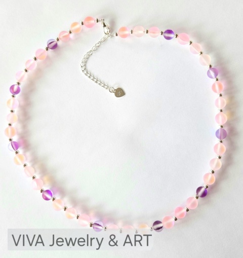 NASZYJNIK ,,RÓŻANY HORYZONT" ZE SPEKTROLITU I KAMIENIA AUSTRIACKIEGO ZE SREBREM